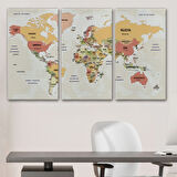 Ülke Başkentli Okyanuslu Türkçe Dünya Haritası Dekoratif Kanvas Tablo, Duvar Dekoru 2750