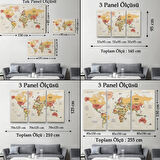 Ülke Başkentli Okyanuslu Türkçe Dünya Haritası Dekoratif Kanvas Tablo, Duvar Dekoru 2750