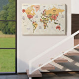 Ülke Başkentli Okyanuslu Türkçe Dünya Haritası Dekoratif Kanvas Tablo, Duvar Dekoru 2750