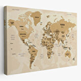Ülke Başkentli Okyanuslu İngilizce Dünya Haritası Dekoratif Kanvas Tablo, Duvar Dekoru 2765