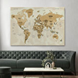 Ülke Başkentli Okyanuslu İngilizce Dünya Haritası Dekoratif Kanvas Tablo, Duvar Dekoru 2765