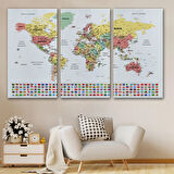 Detaylı Ülke Bayraklı Öğretici Türkçe Dünya Haritası Dekoratif Kanvas Tablo, Duvar Dekoru 2793