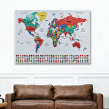 Detaylı Ülke Bayraklı Öğretici Türkçe Dünya Haritası Dekoratif Kanvas Tablo, Duvar Dekoru 2795