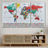 Detaylı Ülke Bayraklı Öğretici Türkçe Dünya Haritası Dekoratif Kanvas Tablo, Duvar Dekoru 2795