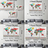 Detaylı Ülke Bayraklı Öğretici Türkçe Dünya Haritası Dekoratif Kanvas Tablo, Duvar Dekoru 2795