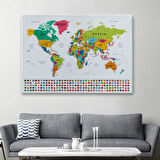 Detaylı Ülke Bayraklı Öğretici İngilizce Dünya Haritası Dekoratif Kanvas Tablo, Duvar Dekoru 2798