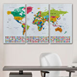 Detaylı Ülke Bayraklı Öğretici İngilizce Dünya Haritası Dekoratif Kanvas Tablo, Duvar Dekoru 2798