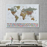 Detaylı Ülke Bayraklı Öğretici İngilizce Dünya Haritası Dekoratif Kanvas Tablo, Duvar Dekoru 2808