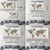 Detaylı Ülke Bayraklı Öğretici İngilizce Dünya Haritası Dekoratif Kanvas Tablo, Duvar Dekoru 2808