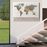 Detaylı Ülke Bayraklı Öğretici İngilizce Dünya Haritası Dekoratif Kanvas Tablo, Duvar Dekoru 2808