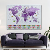 Detaylı Ülke Bayraklı Öğretici Türkçe Dünya Haritası Dekoratif Kanvas Tablo, Duvar Dekoru 2818