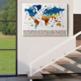 Ülke Bayrakları ve Semboller Türkçe Dünya Haritası Dekoratif Kanvas Tablo, Duvar Dekoru 2820