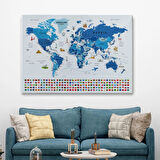 Detaylı Ülke Bayraklı Öğretici İngilizce Dünya Haritası Dekoratif Kanvas Tablo, Duvar Dekoru 2829