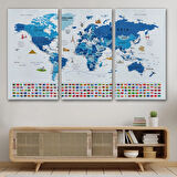 Detaylı Ülke Bayraklı Öğretici İngilizce Dünya Haritası Dekoratif Kanvas Tablo, Duvar Dekoru 2829