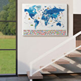 Detaylı Ülke Bayraklı Öğretici İngilizce Dünya Haritası Dekoratif Kanvas Tablo, Duvar Dekoru 2829