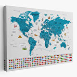 Detaylı Ülke Bayraklı Öğretici İngilizce Dünya Haritası Dekoratif Kanvas Tablo, Duvar Dekoru 2831