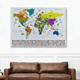 Detaylı Sembollü Bayraklı  Türkçe Dünya Haritası Dekoratif Kanvas Tablo, Duvar Dekoru 2832