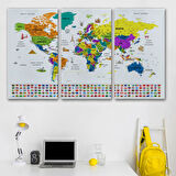Detaylı Sembollü Bayraklı  Türkçe Dünya Haritası Dekoratif Kanvas Tablo, Duvar Dekoru 2832