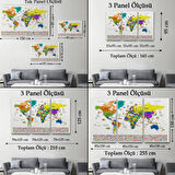 Detaylı Sembollü Bayraklı  Türkçe Dünya Haritası Dekoratif Kanvas Tablo, Duvar Dekoru 2832