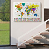 Detaylı Sembollü Bayraklı  Türkçe Dünya Haritası Dekoratif Kanvas Tablo, Duvar Dekoru 2832