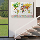 Detaylı Sembollü Bayraklı  Türkçe Dünya Haritası Dekoratif Kanvas Tablo, Duvar Dekoru 2840