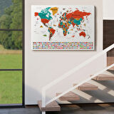 Detaylı Sembollü Bayraklı  İngilizce Dünya Haritası Dekoratif Kanvas Tablo, Duvar Dekoru 2843