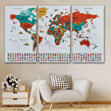 Detaylı Sembollü Bayraklı  Türkçe Dünya Haritası Dekoratif Kanvas Tablo, Duvar Dekoru 2844