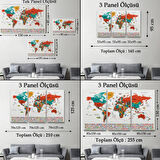 Detaylı Sembollü Bayraklı  Türkçe Dünya Haritası Dekoratif Kanvas Tablo, Duvar Dekoru 2844