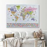 Detaylı Sembollü Bayraklı  İngilizce Dünya Haritası Dekoratif Kanvas Tablo, Duvar Dekoru 2845