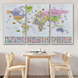 Detaylı Sembollü Bayraklı  İngilizce Dünya Haritası Dekoratif Kanvas Tablo, Duvar Dekoru 2845