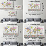 Detaylı Sembollü Bayraklı  İngilizce Dünya Haritası Dekoratif Kanvas Tablo, Duvar Dekoru 2845