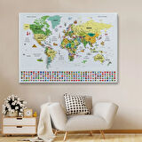 Detaylı Sembollü Bayraklı  Türkçe Dünya Haritası Dekoratif Kanvas Tablo, Duvar Dekoru 2848