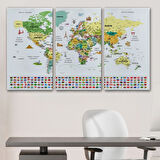 Detaylı Sembollü Bayraklı  Türkçe Dünya Haritası Dekoratif Kanvas Tablo, Duvar Dekoru 2848