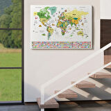 Detaylı Sembollü Bayraklı  Türkçe Dünya Haritası Dekoratif Kanvas Tablo, Duvar Dekoru 2848