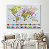Detaylı Sembollü Bayraklı  İngilizce Dünya Haritası Dekoratif Kanvas Tablo, Duvar Dekoru 2849