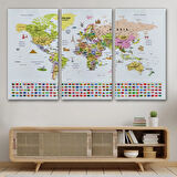 Detaylı Sembollü Bayraklı  İngilizce Dünya Haritası Dekoratif Kanvas Tablo, Duvar Dekoru 2849