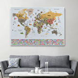Detaylı Sembollü Bayraklı  Türkçe Dünya Haritası Dekoratif Kanvas Tablo, Duvar Dekoru 2854