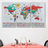 Detaylı Sembollü Bayraklı  İngilizce Dünya Haritası Dekoratif Kanvas Tablo, Duvar Dekoru 2865