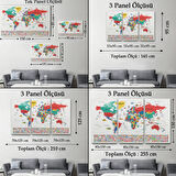 Detaylı Sembollü Bayraklı  İngilizce Dünya Haritası Dekoratif Kanvas Tablo, Duvar Dekoru 2865