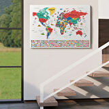 Detaylı Sembollü Bayraklı  İngilizce Dünya Haritası Dekoratif Kanvas Tablo, Duvar Dekoru 2865