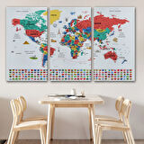 Detaylı Sembollü Bayraklı  Türkçe Dünya Haritası Dekoratif Kanvas Tablo, Duvar Dekoru 2866