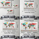 Detaylı Sembollü Bayraklı  Türkçe Dünya Haritası Dekoratif Kanvas Tablo, Duvar Dekoru 2866