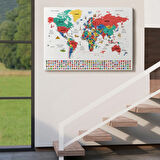 Detaylı Sembollü Bayraklı  Türkçe Dünya Haritası Dekoratif Kanvas Tablo, Duvar Dekoru 2866