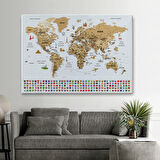 Detaylı Sembollü Bayraklı  Türkçe Dünya Haritası Dekoratif Kanvas Tablo, Duvar Dekoru 2874
