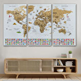 Detaylı Sembollü Bayraklı  Türkçe Dünya Haritası Dekoratif Kanvas Tablo, Duvar Dekoru 2874