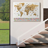 Detaylı Sembollü Bayraklı  Türkçe Dünya Haritası Dekoratif Kanvas Tablo, Duvar Dekoru 2874