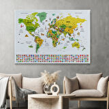 Detaylı Sembollü Bayraklı  Türkçe Dünya Haritası Dekoratif Kanvas Tablo, Duvar Dekoru 2876