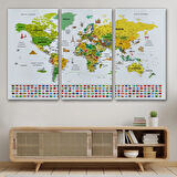 Detaylı Sembollü Bayraklı  Türkçe Dünya Haritası Dekoratif Kanvas Tablo, Duvar Dekoru 2876