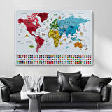 Detaylı Sembollü Bayraklı  İngilizce Dünya Haritası Dekoratif Kanvas Tablo, Duvar Dekoru 2877