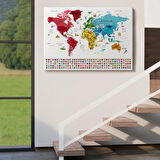 Detaylı Sembollü Bayraklı  İngilizce Dünya Haritası Dekoratif Kanvas Tablo, Duvar Dekoru 2877